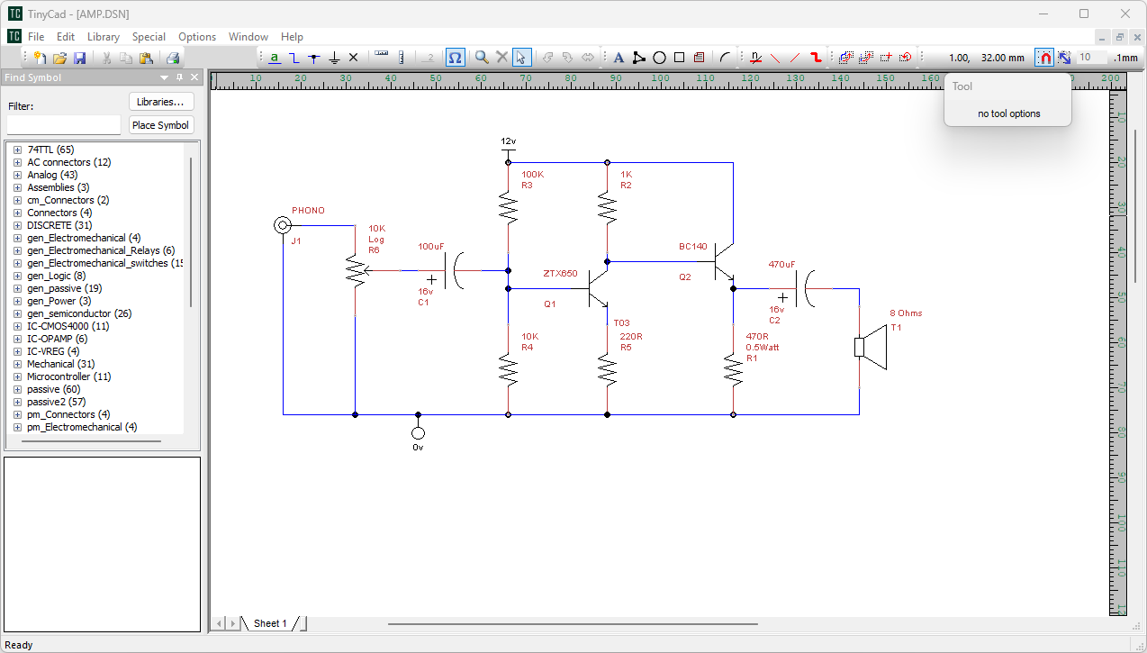Screenshot of the TinyCAD v3 application interface